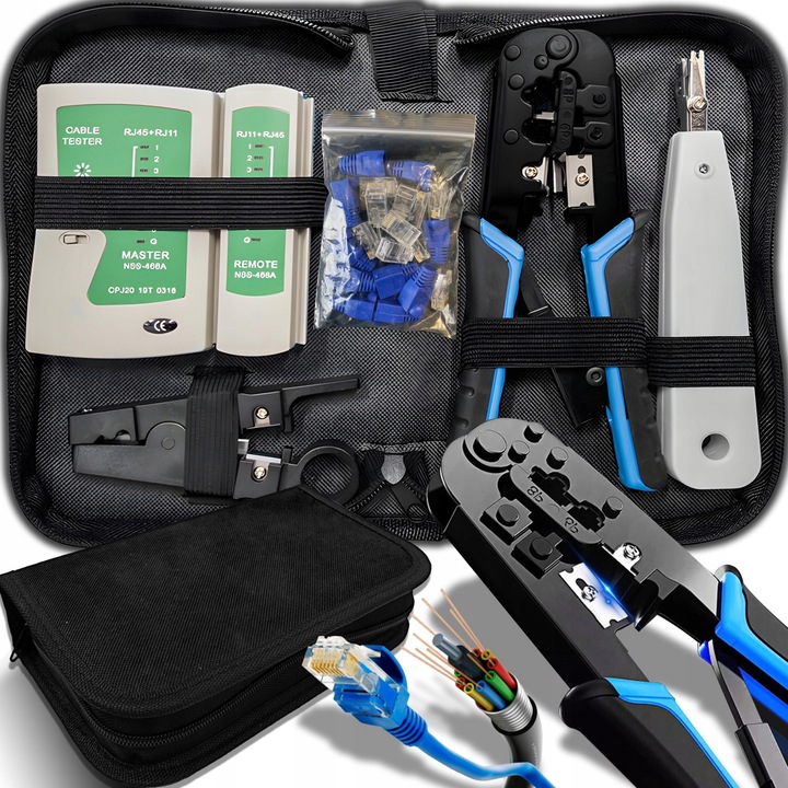 TESTER SIECIOWY ZACISKARKA STRIPPER WCISKACZ WTYKI RJ45 ZESTAW XXL + ETUI