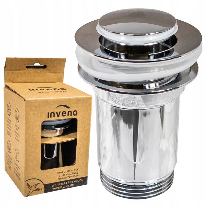 KOREK CLICK-CLACK MOSĘŻNY DO UMYWALKI Z PRZELEWEM MAŁY GRZYBEK CHROM INVENA