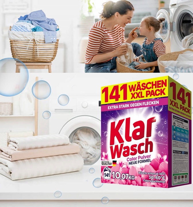 PROSZEK DO PRANIA KLAR WASCH KOLOR 10KG OPAKOWANIE XXL 141 PRAŃ