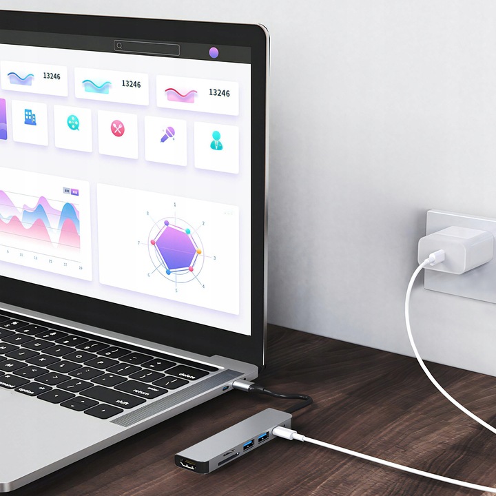 HUB USB ADAPTER 6W1 ROZDZIELACZ ROZGAŁĘŹNIK USB-C 2X USB 2.0 3.0 HDMI PD SD