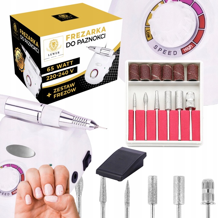 FREZARKA DO PAZNOKCI MANICURE PEDICURE PROFESJONALNA ZESTAW FREZÓW MOC 65W