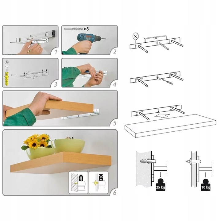 Półka ścienna samowisząca 23cm zaokrąglona - Taso - Biały