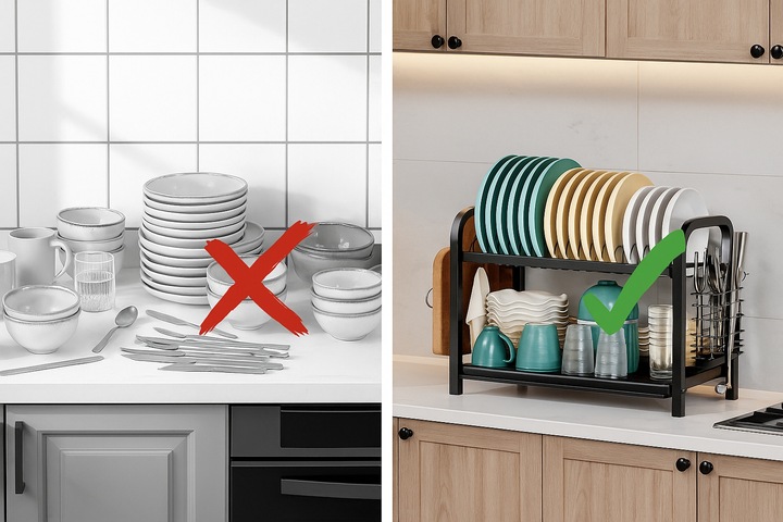 SUSZARKA DO NACZYŃ DWUPOZIOMOWA OCIEKACZ TALERZE SZTUĆCE + UCHWYT NA