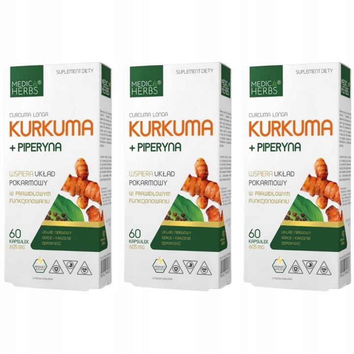 3x MEDICA HERBS Kurkuma + Piperyna TRAWIENIE 60K