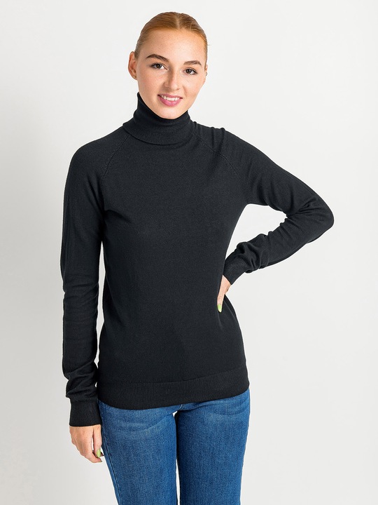 Golf Sweter Damski z Wiskozą Gładki Długi Rękaw Klasyczny Czarny L