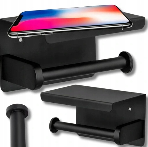 UCHWYT NA PAPIER TOALETOWY Z PÓŁKĄ CZARNY WIESZAK STALOWY ŁAZIENKA DOM WC