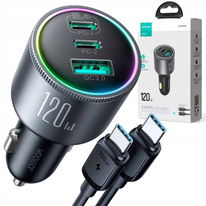 JOYROOM ŁADOWARKA SAMOCHODOWA 120W 2xUSB-C USB-A + KABEL USB-C 100W QC PD