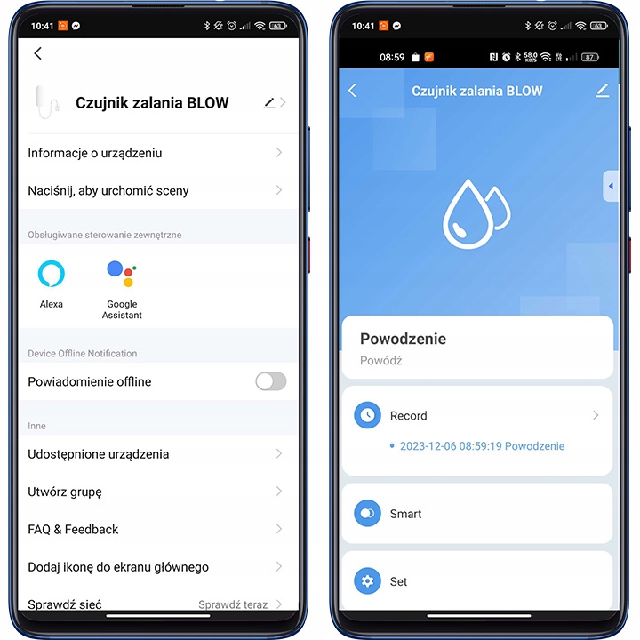 CZUJNIK ZALANIA SENSOR WYCIEKU POZIOMU WODY SMART WiFi Tuya SMART LIFE