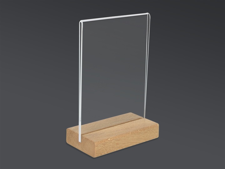 STOJAK A4 PION Z PLEXI NA ULOTKĘ, OPIS MENU DREWNO - PODSTAWKA DREWNIANA