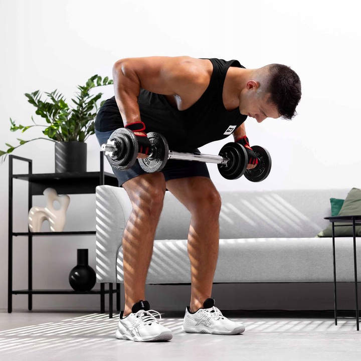 Hantle żeliwne 2x15kg zestaw z przedłużanym gryfem ryflowanym +