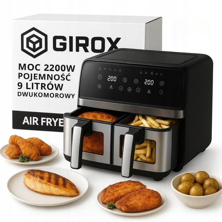 FRYTKOWNICA BEZTŁUSZCZOWA DWUKOMOROWA 9L AIR FRYER 2200W 10 PROGRAMÓW