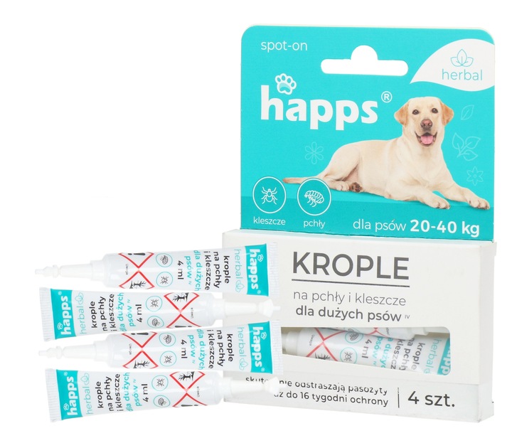 KROPLE NA PCHŁY KLESZCZE DLA DUŻYCH PSÓW (20-40KG) HAPPS DŁUGIE DZIAŁANIE