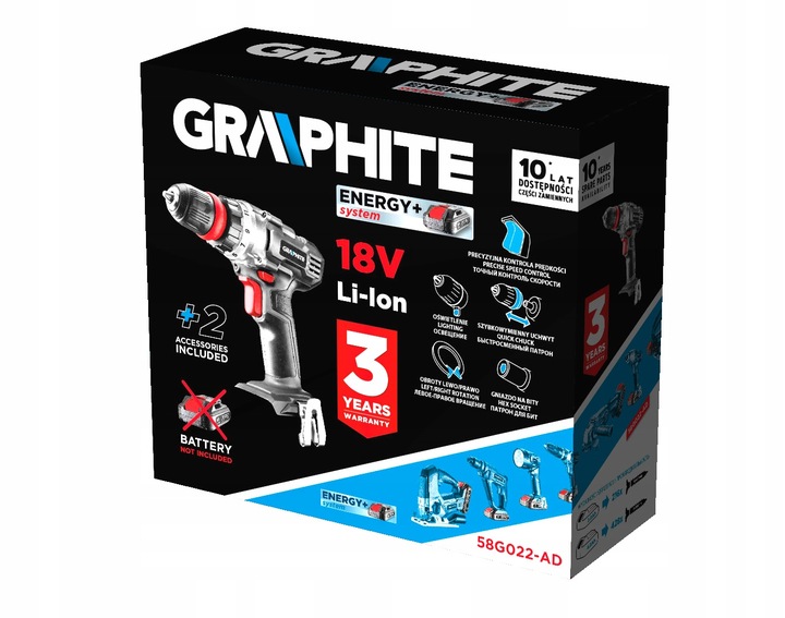 GRAPHITE Wiertarko Wkrętarka Akumulatorowa 18V Energy + 3 Adaptery