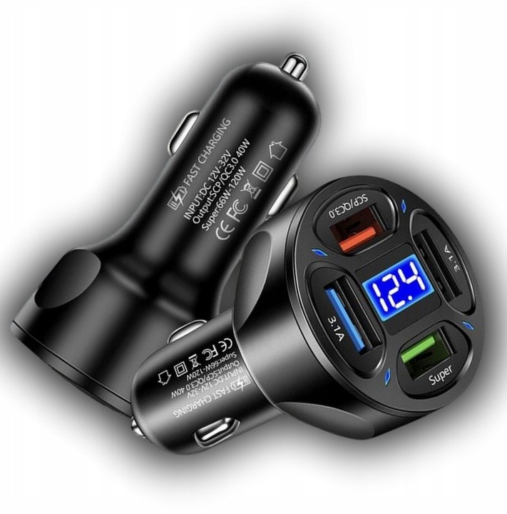 MOCNA SZYBKA ŁADOWARKA SAMOCHODOWA 4x USB PD QC 3.0 66W DO TELEFONU DO AUTA