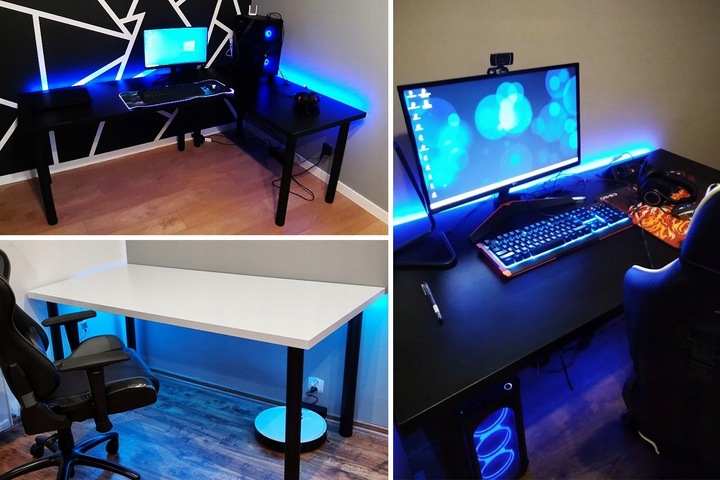 BIURKO GAMINGOWE KOMPUTEROWE CZARNE LED RGB STABILNE Z REGULACJĄ