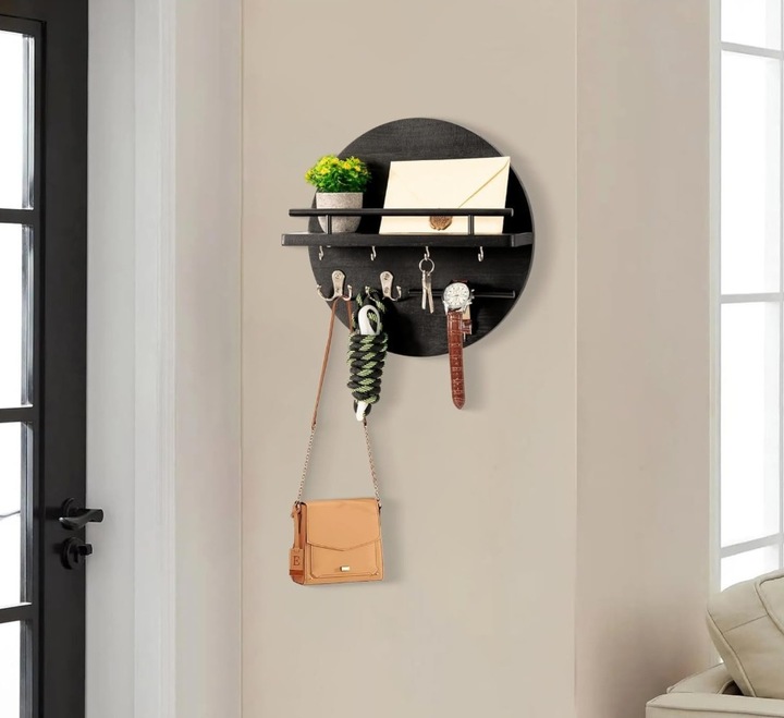 DREWNIANY WIESZAK ŚCIENNY NA KLUCZE KURTKI DO PRZEDPOKOJU PÓŁKA CZARNY