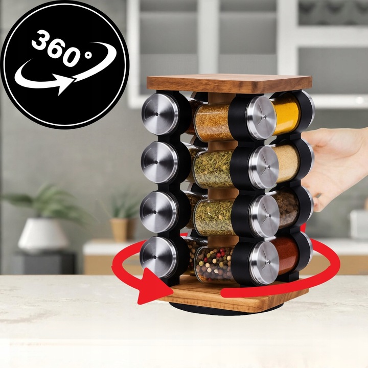 POJEMNIKI NA PRZYPRAWY STOJAK PRZYPRAWNIK OBROTOWY Drewniany 16 SŁOICZKÓW