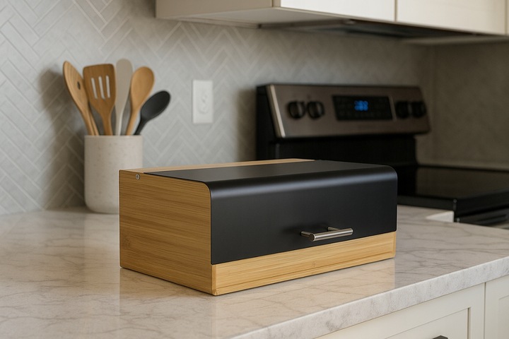 Chlebak bambusowy czarna stal pojemnik na pieczywo nowoczesny desig kuchnia