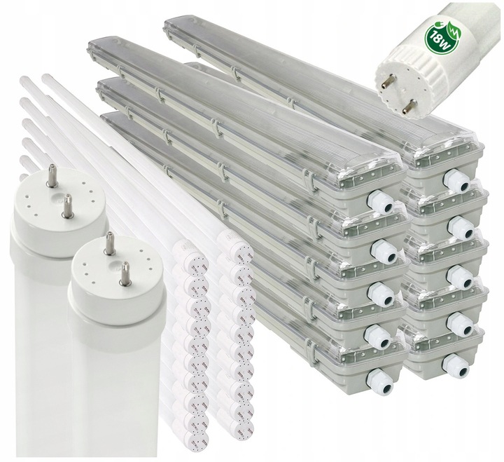 10x Oprawa Hermetyczna 120cm lampa + świetlówki Tuby 20x LED Garażowa