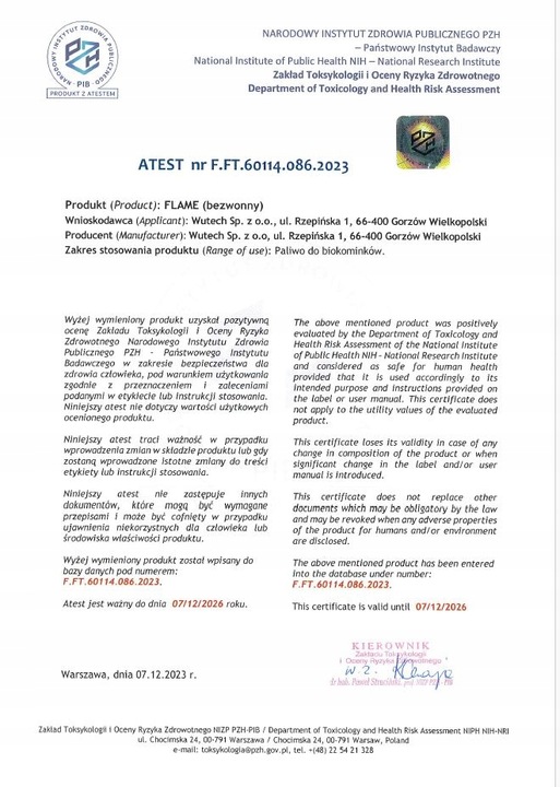 Bio etanol biopaliwo do kominka biokominka Megaspec Flame 5L Atest PZH