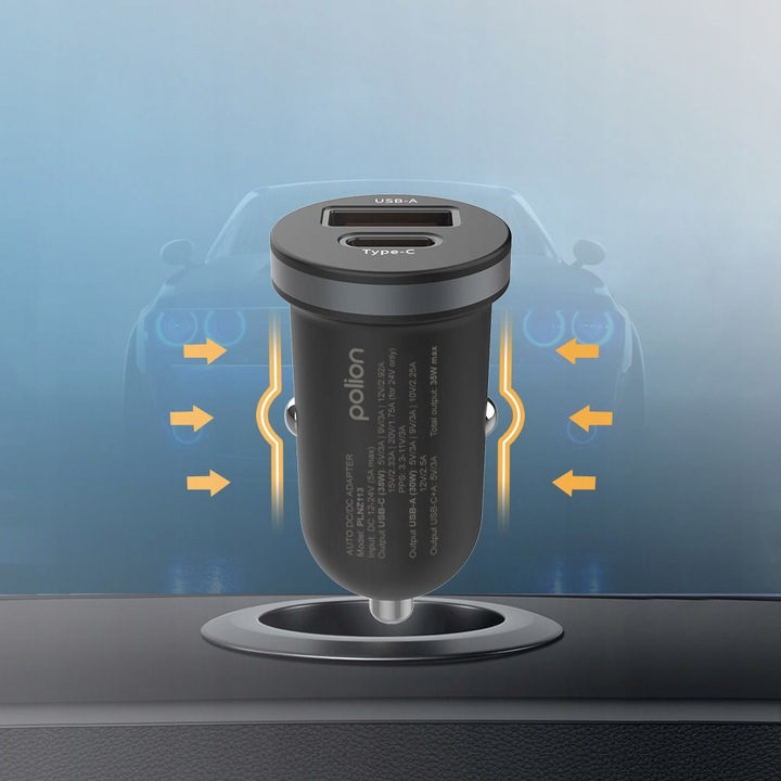 Szybka ładowarka samochodowa POLION USB-A USB-C 35W QC3.0 PD 3A