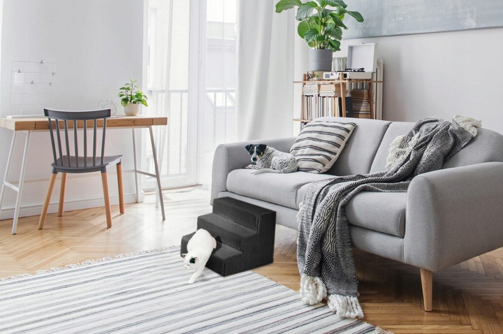 Schodki dla psa 3-stopnie tapicerowane grafitowe podest dla psa do kanapy