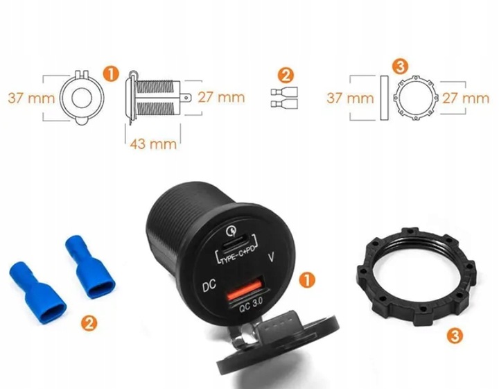 Gniazdo samochodowe USB QC 3.0 PD WOLOTMIERZ 12V 24V IP65 transparent 63W