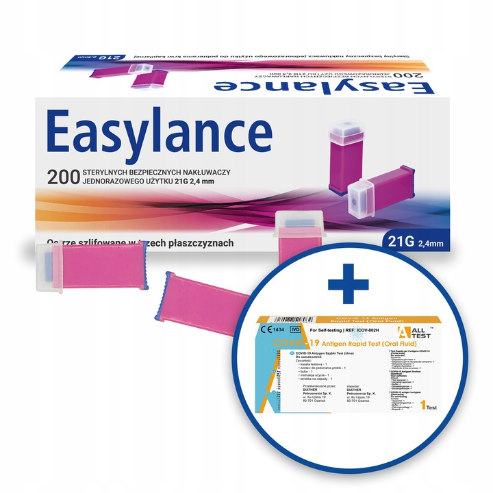 Nakłuwacze jednorazowe Easylance 2,4mm 21g 200 szt. + GRATIS Test covid-19