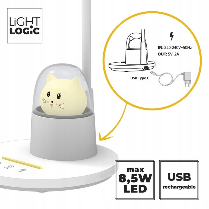 Lampka biurkowa dla dzieci lampa nocna LED LL BINED LED W kotek uchwyt