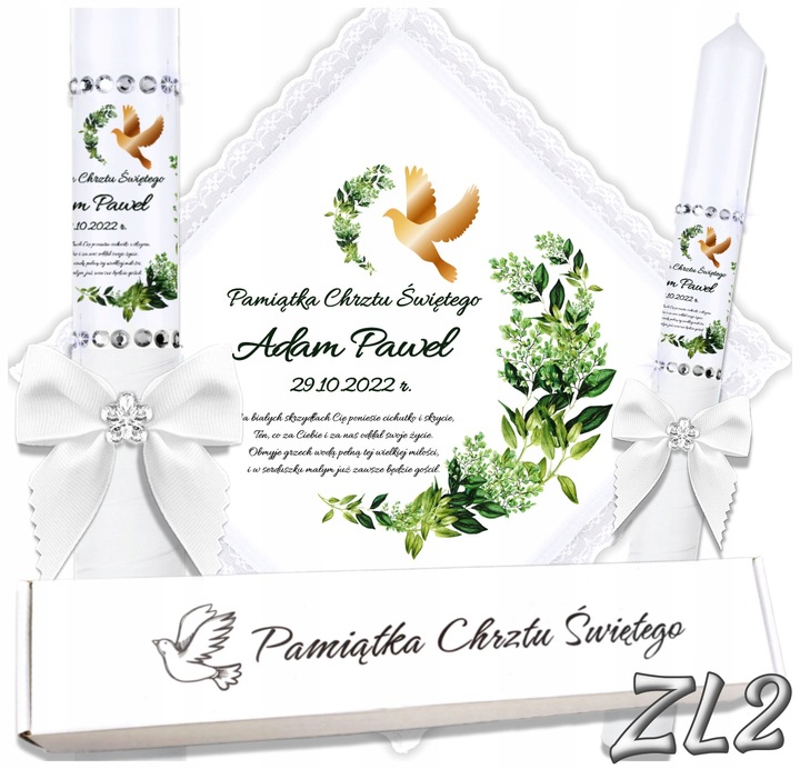 Biała szatka i świeca do chrztu ECO imię i data BOHO gromnica pudełko