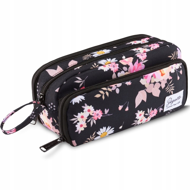 Piórnik szkolny trzykomorowy w kwiaty duży saszetka do szkoły ZAGATTO