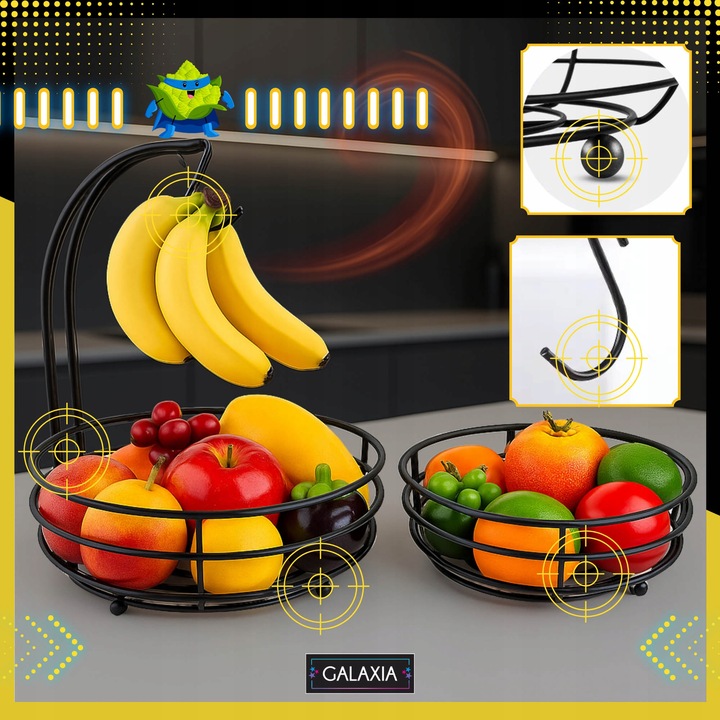 KOSZ NA OWOCE I WARZYWA Koszyk Stojak Piętrowy Czarny Dwupoziomowy