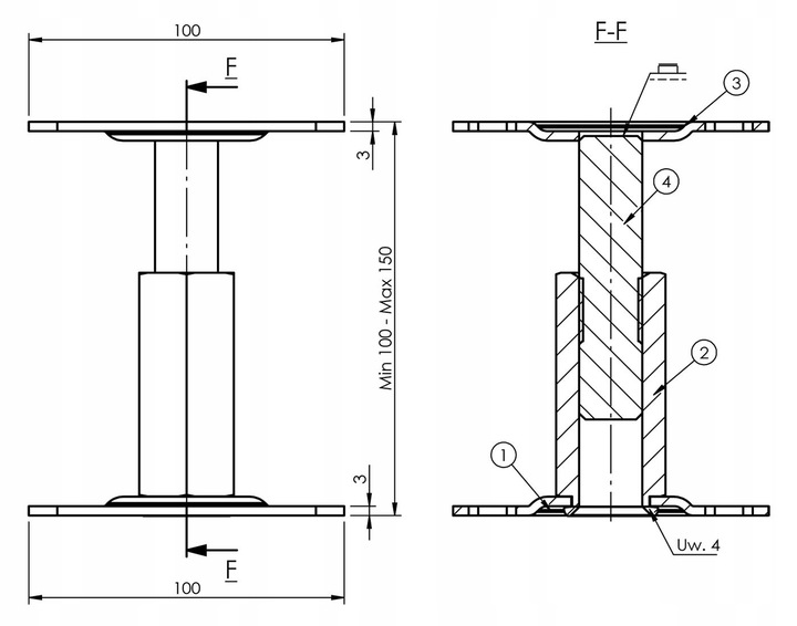 PODSTAWA SŁUPA REGULOWANA 100X100X100-150 MM KOTWA GWINTOWANA OCYNK