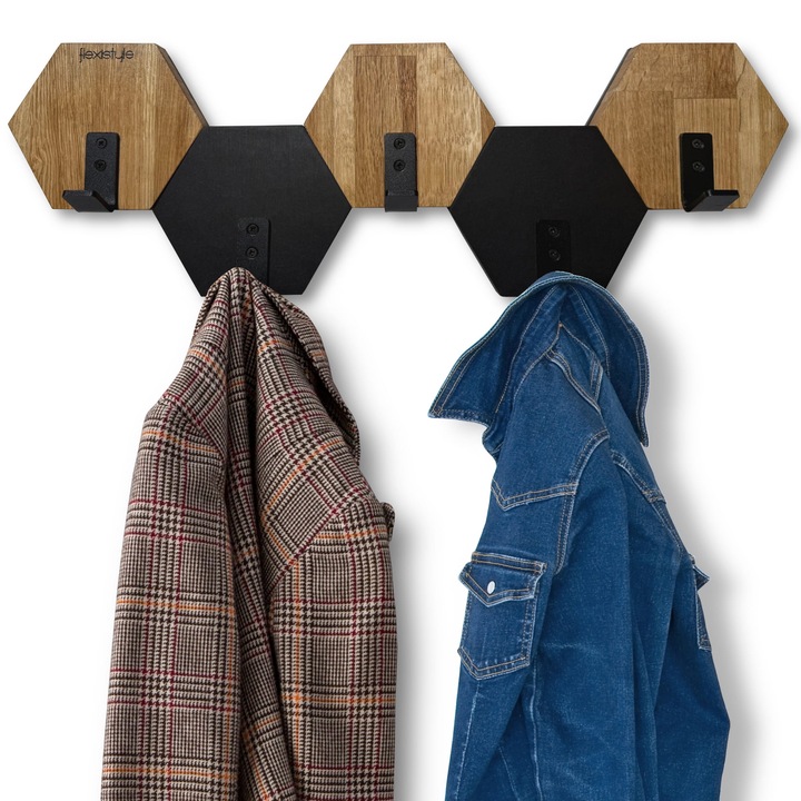 Wieszak ścienny do przedpokoju na ubrania na sciane drewniany Hexagon