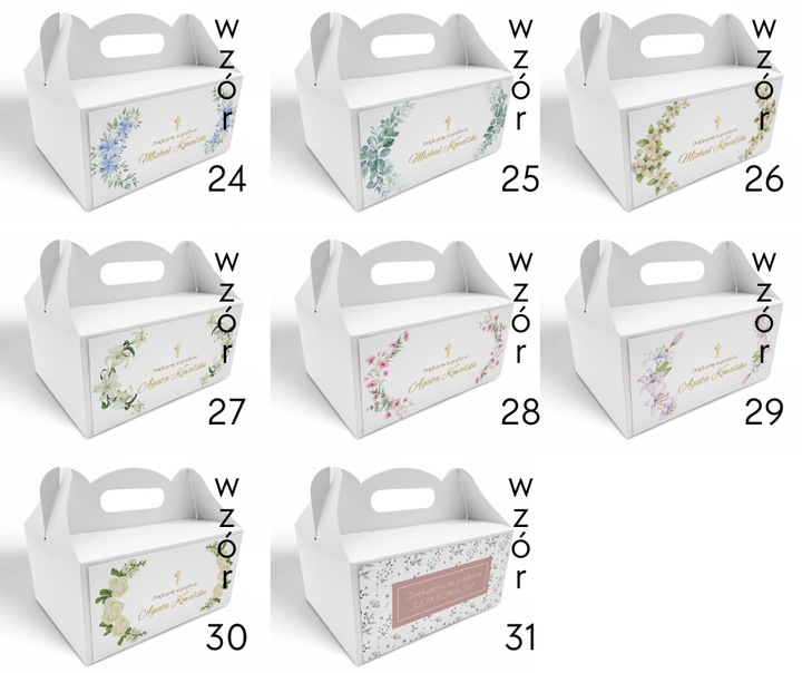 Pudełko na ciasto 10szt Personalizacja Podziękowanie 1 Komunia Święta WZORY