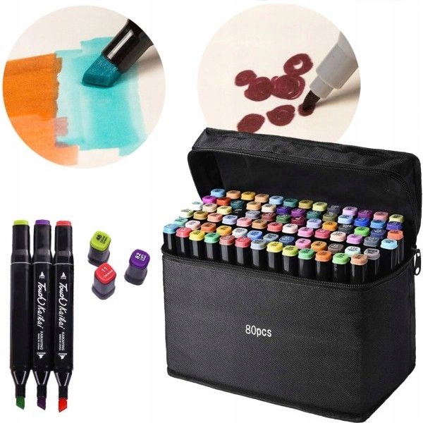 MARKERY ALKOHOLOWE ZESTAW 80SZT FLAMASTRY DWUSTRONNE PISAKI MAZAKI + TORBA