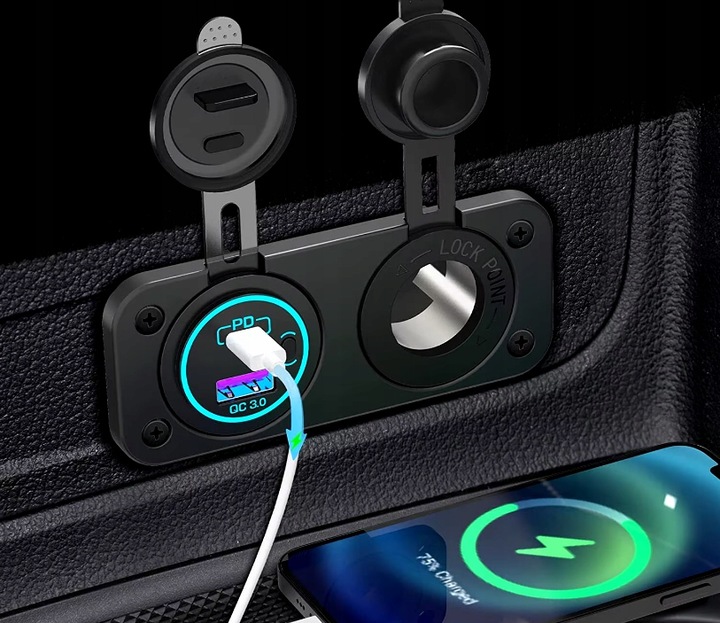 GNIAZDO ZAPALNICZKI Ładowarka samochodowa Szybkie ładowanie QC PD ON OFF N