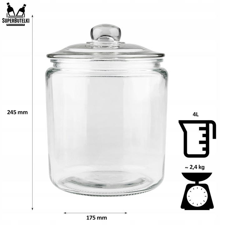 Słoik szklany 4 L pojemnik kuchenny na GRZYBY SUSZONE ŻYWNOŚĆ MĄKĘ KAWĘ