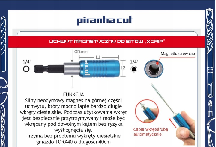 PIRANHACUT Uchwyt magnetyczy do bitów 1/4 GRATIS - Idealny