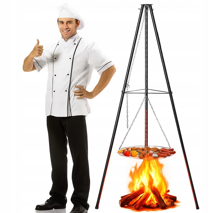 GRILL TRÓJNÓG NA OGNISKO OGRODOWY Z RUSZTEM DO PALENISK 60 CM WYSOKOŚĆ