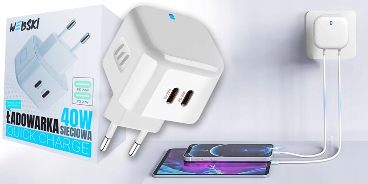 ŁADOWARKA SIECIOWA 40W 2xUSB-C Z SZYBKIM ŁADOWANIEM + KABEL USB-C LIGHTNING
