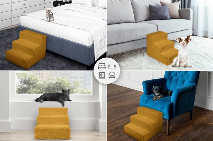 Schodki dla psa 3-stopnie tapicerowane żółte podest dla psa do kanapy