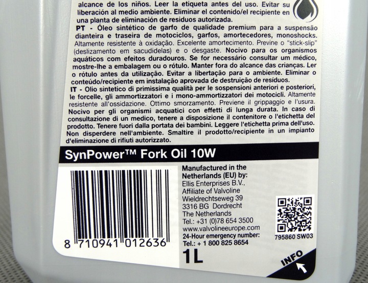 VALVOLINE SYNPOWER FORK OIL 10W /OLEJ HYDRAULICZNY DO ZAWIESZENIA MOTOCYKLI