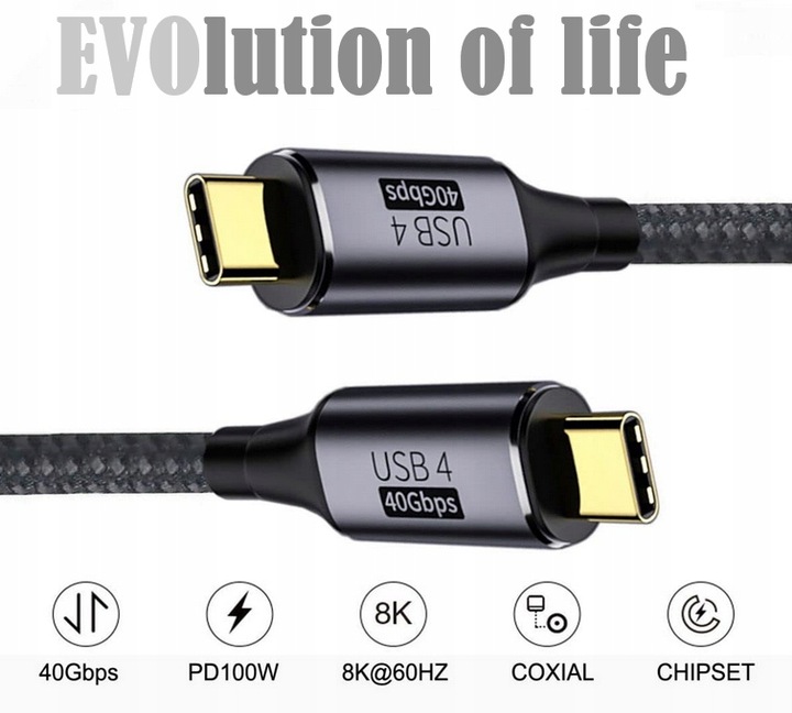 EVO Kabel USB 4.0 USB-C 40Gbps Thunderbolt 8K - 1,2M SZYBKIE ŁADOWANIE