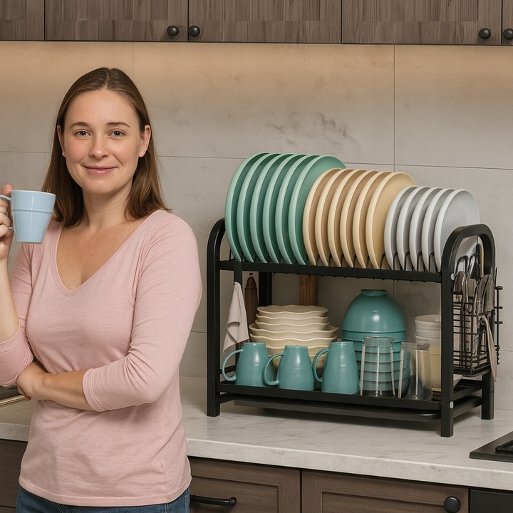 SUSZARKA DO NACZYŃ DWUPOZIOMOWA OCIEKACZ TALERZE SZTUĆCE + UCHWYT NA