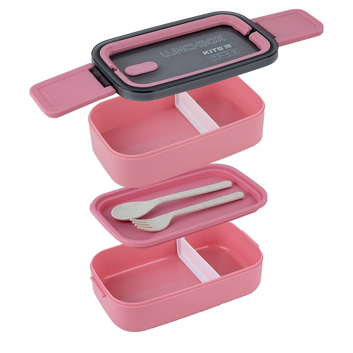 LUNCHBOX ŚNIADANIÓWKA ZE STUCĆAMI WKŁADY 2 KOMORY 1400ml RÓŻOWY KITE