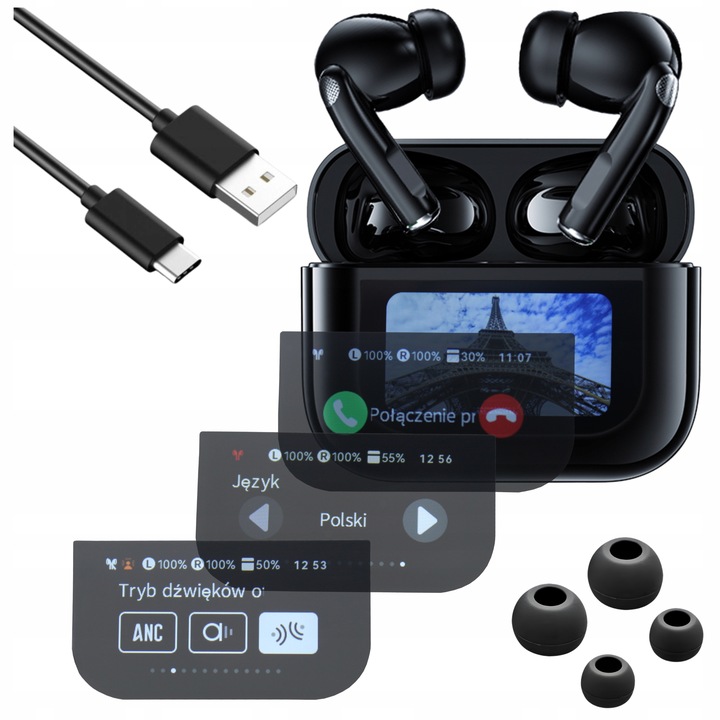 Słuchawki Bezprzewodowe Douszne PRO Lekkie ANC Mikrofon Czarne Wyświetlacz