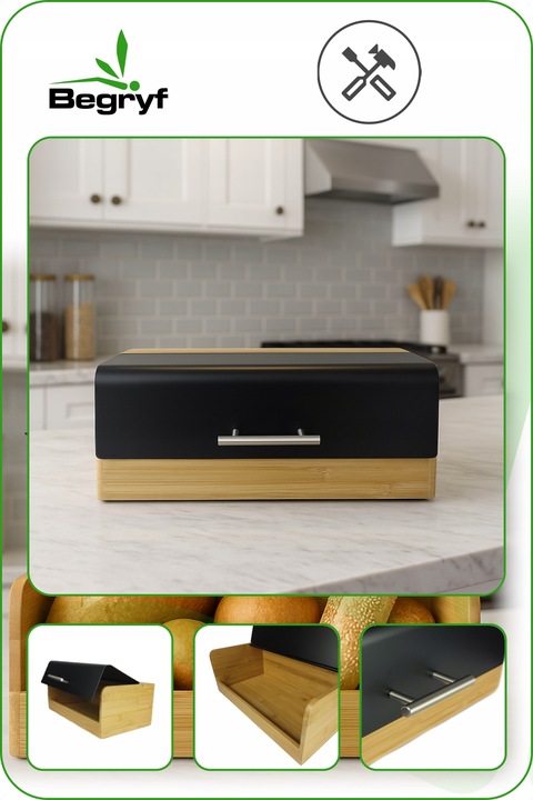 Chlebak bambusowy czarna stal pojemnik na pieczywo nowoczesny desig kuchnia