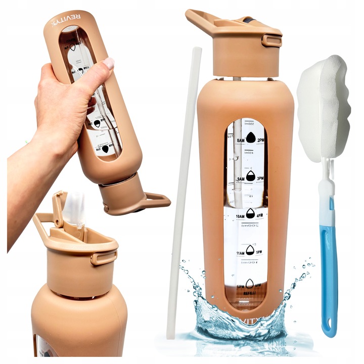 SZKLANA BUTELKA NA WODĘ BIDON SHAKER Z MIARKĄ I DZIUBKIEM SILIKONOWE ETUI