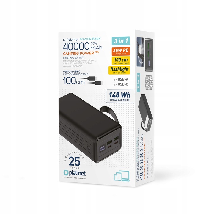 POWER BANK szybki 2x USB 2x USB-C 40000mAh PD QC 3.0 65W + kabel Latarka